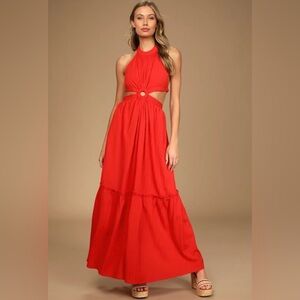 Lulus Island Vacay Red Tie-Back Maxi Dress | Size: Small | Color: Red